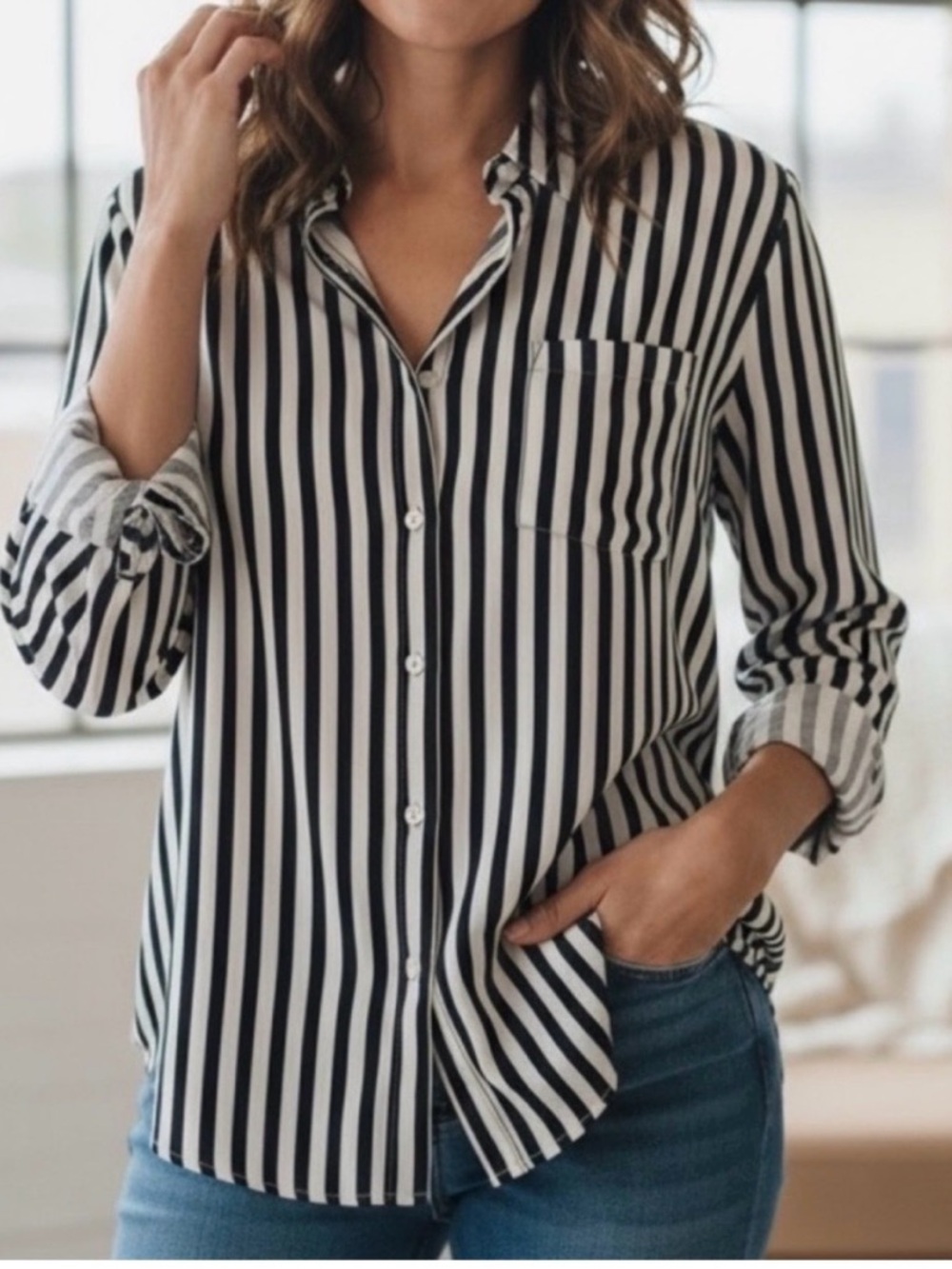 Jane and Delancey Black & White Striped Button-Down Shirt - Women size S.